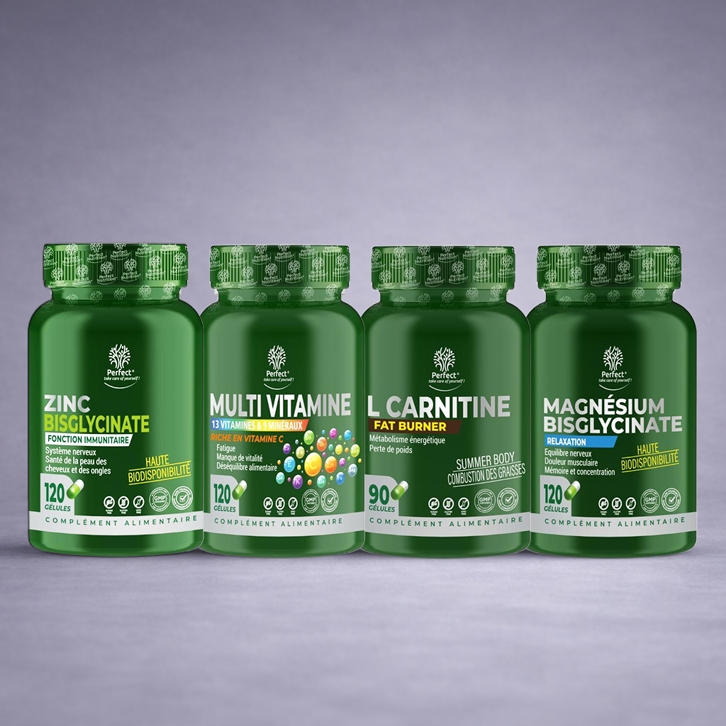Flacon multivitamines Perfect, flacon vert L‑Carnitine, flacon blanc Zinc et flacon blanc Magnésium posés côte à côte sur fond neutre dégradé clair, visuel premium pour site e‑commerce santé, énergie et vitalité