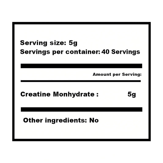 Étiquette nutritionnelle de la Créatine Monohydrate 200 g Perfect Nutrition Tunisie, 5 g par dose, 40 portions, sans autres ingrédients.