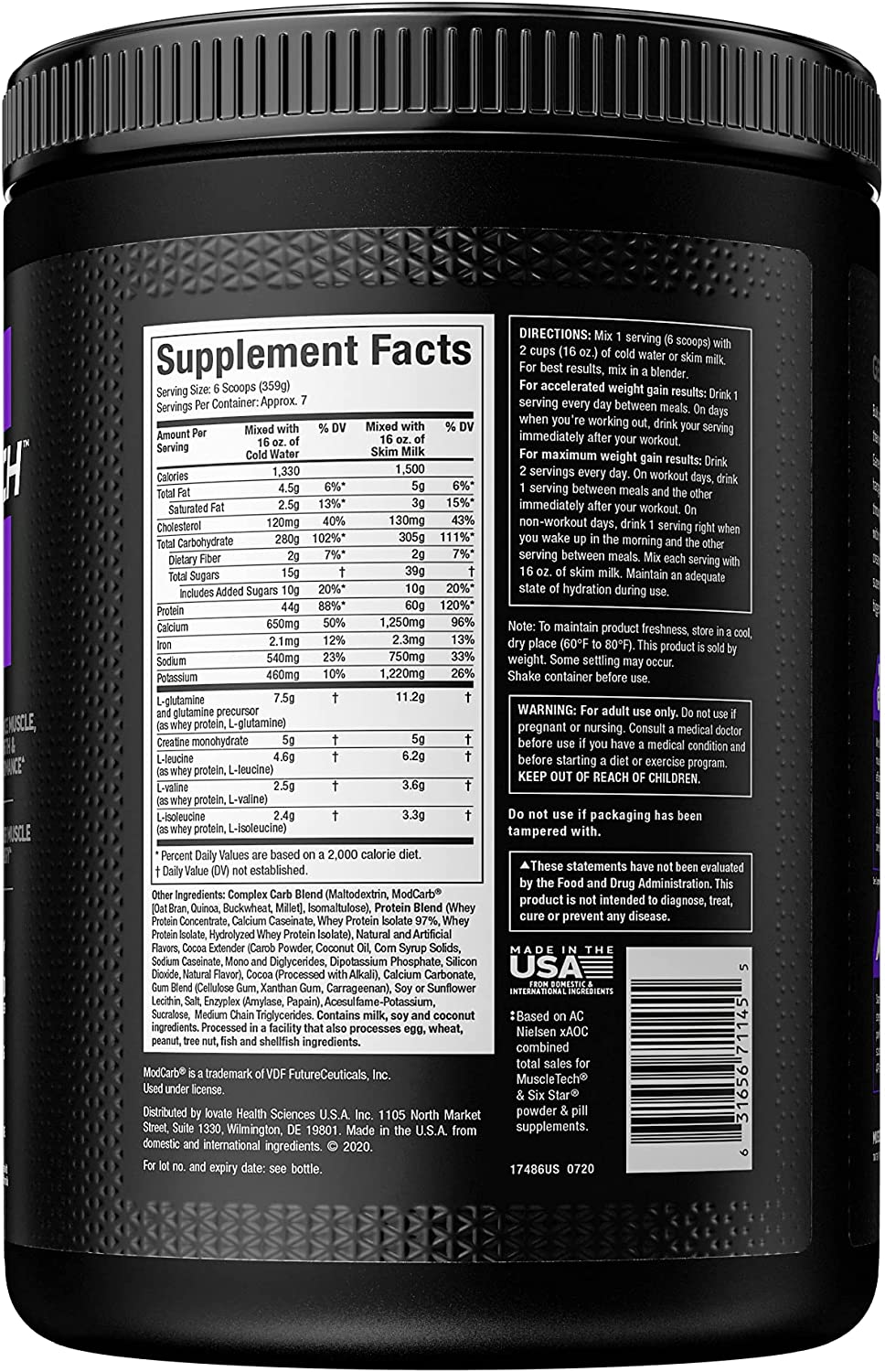 MuscleTech 100% Mass Gainer | 2,33kg | 1500 Calories | Chocolat Fudge Brownie