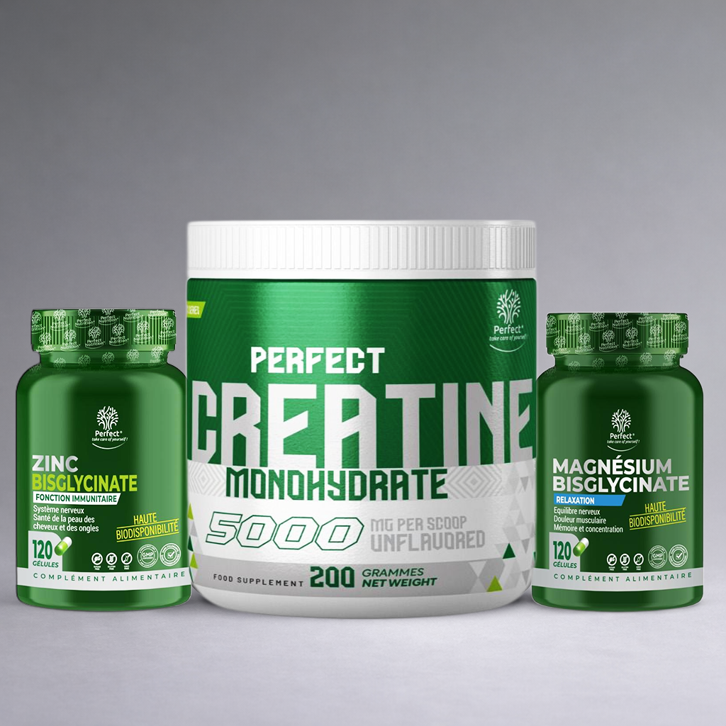 Flacon blanc Perfect Creatine, flacon blanc Zinc et flacon blanc Magnésium posés côte à côte sur fond neutre dégradé clair, visuel premium pour site e‑commerce musculation, force et vitalité