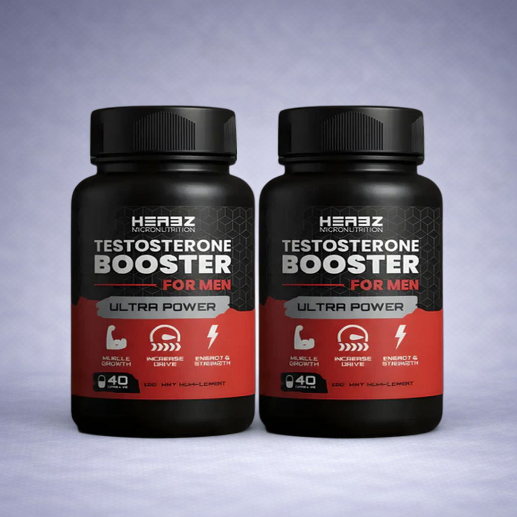 Deux flacons noirs Herbz Testosterone Booster Ultra Power posés côte à côte sur fond neutre dégradé clair, visuel premium pour site e‑commerce musculation, énergie et vitalité masculine