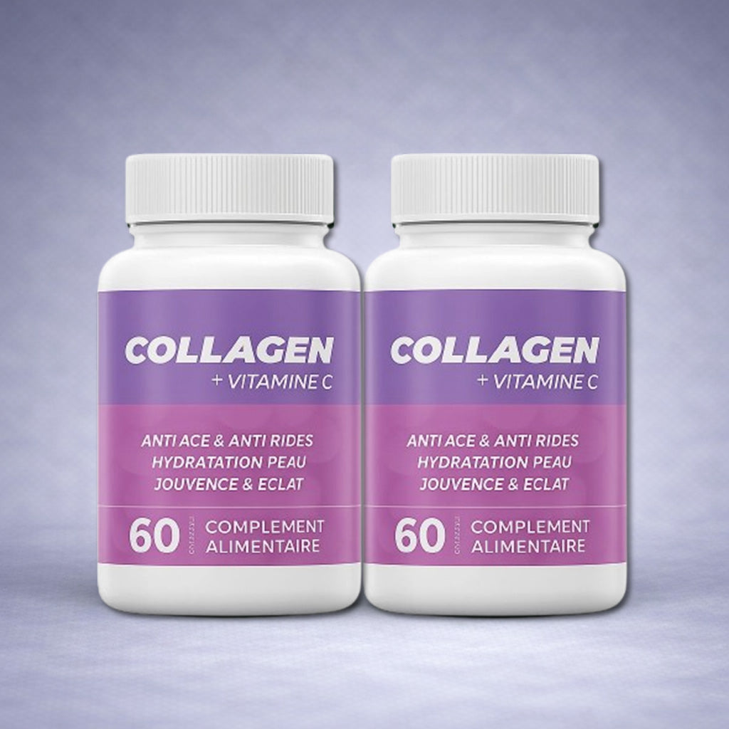 Deux flacons blancs Collagen + Vitamine C posés côte à côte sur fond neutre dégradé clair, visuel premium pour site e‑commerce beauté, anti‑âge et hydratation de la peau.