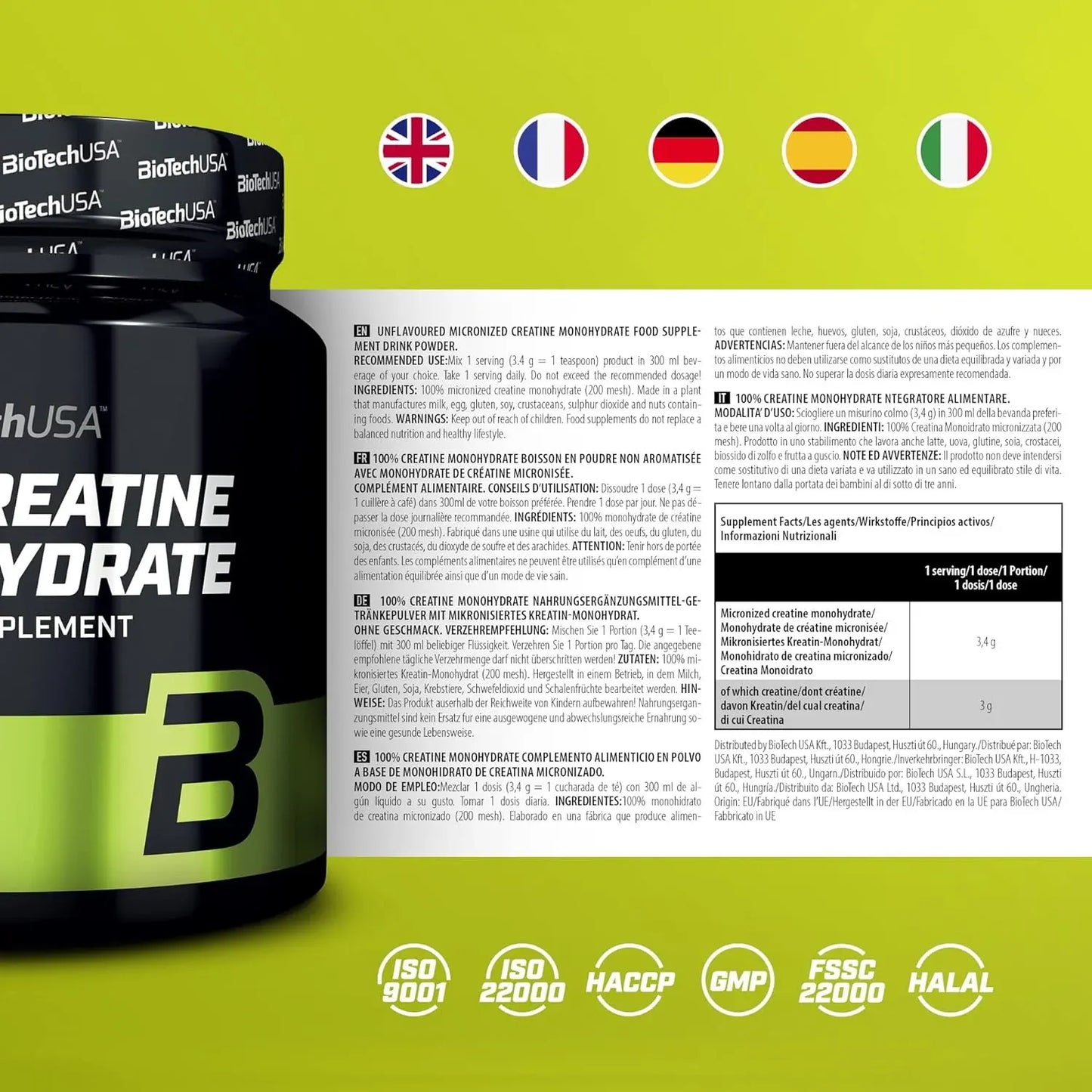 Biotech USA Créatine Monohydrate 300g – 88 Servings | Force & Masse Musculaire