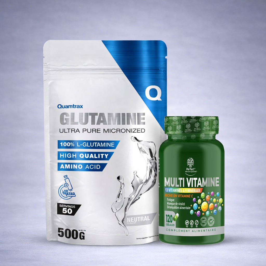 Flacon bleu Quamtrax Glutamine et flacon multivitamines Perfect posés côte à côte sur fond neutre dégradé clair, visuel premium pour site e‑commerce énergie et vitalité.