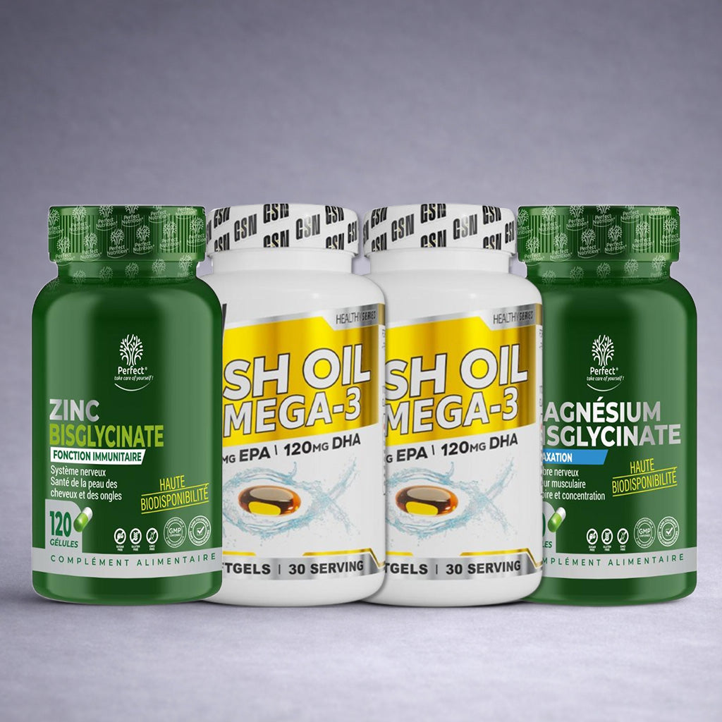 Pack de quatre compléments Perfect+ Zinc Bisglycinate, Perfect+ Magnésium Bisglycinate et Health Series Fish Oil Omega‑3 posés sur fond studio gris dégradé premium, visuel e‑commerce santé, immunité et bien‑être.