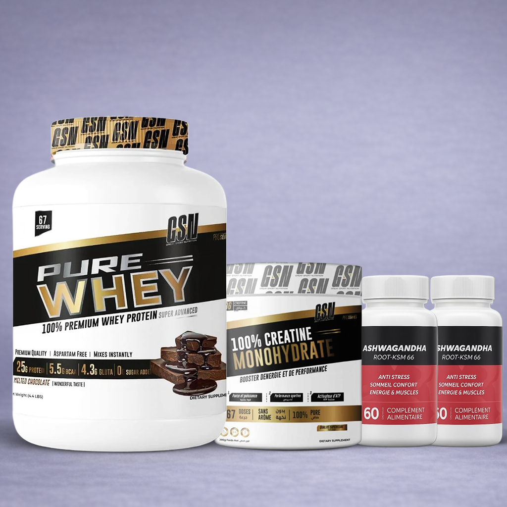 Pack GSN Pure Whey + Créatine + Ashwagandha – Force & Récupération