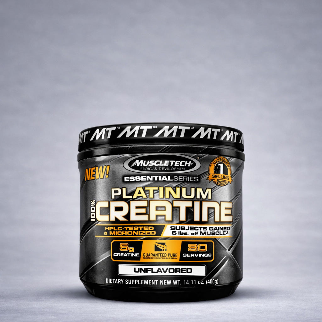 Flacon de PLATINUM 100% Creatine MuscleTech – créatine monohydrate micronisée premium, sans sucre ni gluten, complément alimentaire pour énergie, endurance et récupération musculaire.