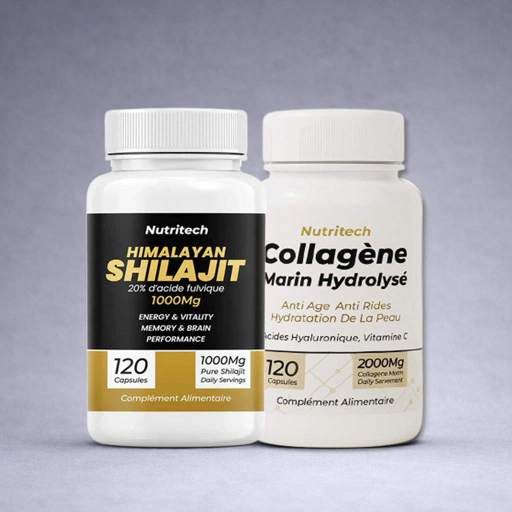 Flacon Nutritech Himalayan Shilajit noir et doré posé à côté d’un flacon Nutritech Collagène Marin Hydrolysé blanc et doré sur fond neutre dégradé clair, visuel premium pour site e‑commerce énergie, mémoire et beauté anti‑âge.