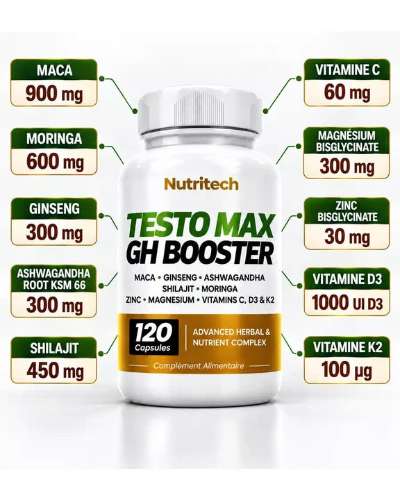 Nutritech Testo Max GH Booster 120 Capsules | Vitalité & Performance Masculine