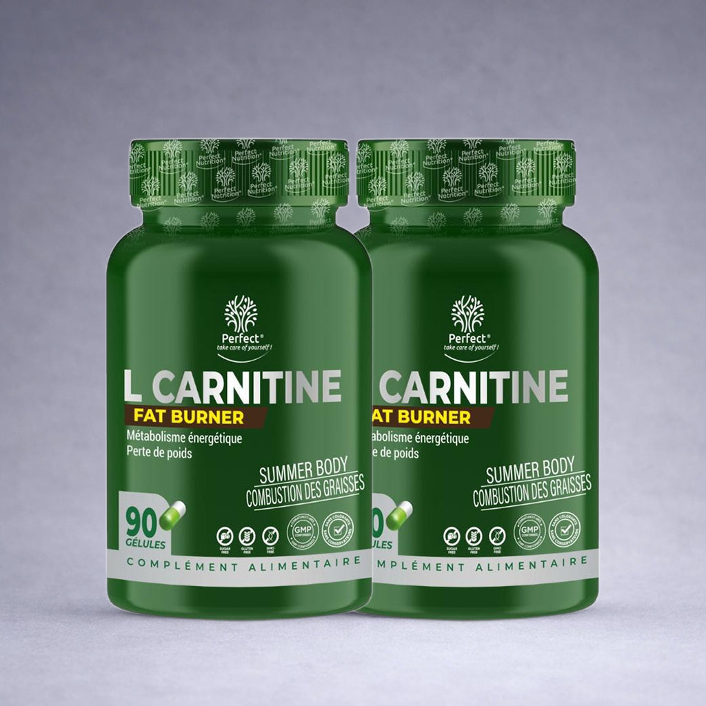 Deux flacons verts Perfect+ L‑Carnitine Fat Burner posés côte à côte sur fond neutre dégradé clair, visuel premium pour site e‑commerce minceur et énergie