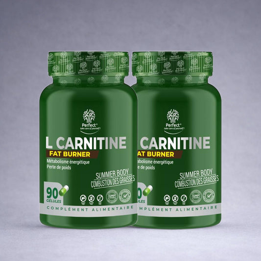 Deux flacons verts Perfect+ L‑Carnitine Fat Burner posés côte à côte sur fond neutre dégradé clair, visuel premium pour site e‑commerce minceur et énergie