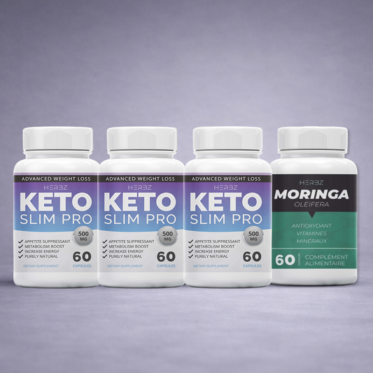 Trois boîtes Keto Slim Pro alignées avec un flacon de Moringa posé sur fond neutre dégradé clair, visuel premium pour site e‑commerce perte de poids et vitalité