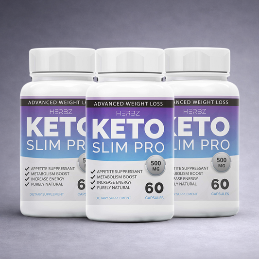 Trois boîtes KETO PRO SLIM alignées sur fond neutre dégradé clair, visuel premium pour site e‑commerce perte de poids et énergie minceur