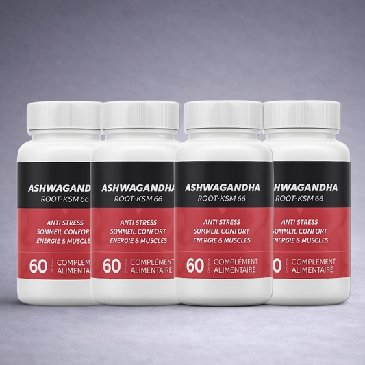 Quatre flacons HERBZ Ashwagandha KSM‑66 alignés sur fond neutre dégradé clair, visuel premium pour site e‑commerce gestion du stress, énergie et récupération.
