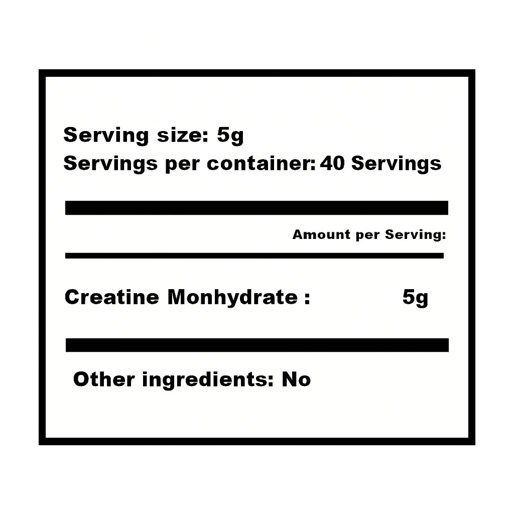 Étiquette nutritionnelle de la Créatine Monohydrate 200 g Perfect Nutrition Tunisie, 5 g par dose, 40 portions, sans autres ingrédients.