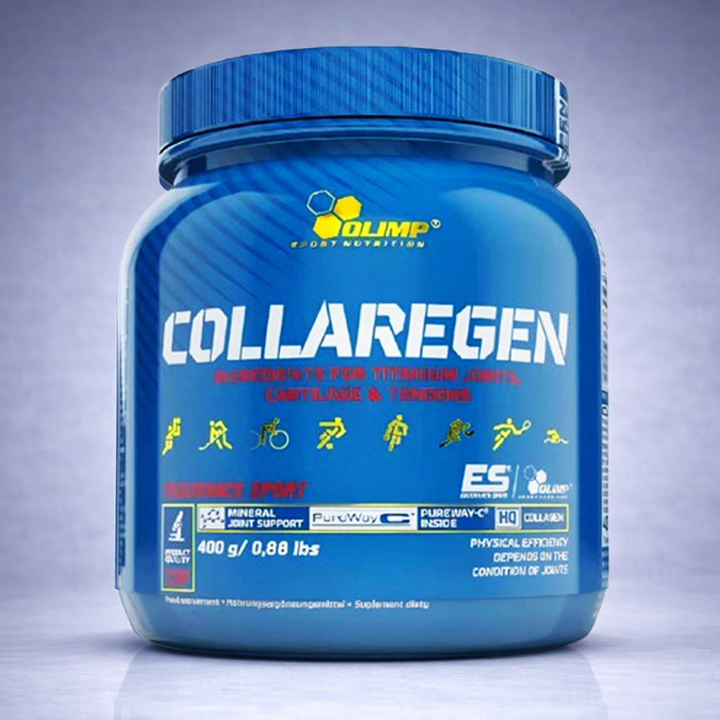 Pot bleu Olimp Collaregen 400 g posé sur fond neutre dégradé clair, visuel premium pour site e‑commerce santé articulaire, cartilage et tendons.