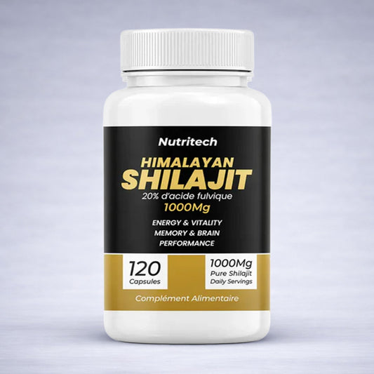 Flacon blanc Nutritech Himalayan Shilajit 1000 mg avec étiquette noire et dorée posé sur fond neutre dégradé clair, visuel premium pour site e‑commerce santé et vitalité