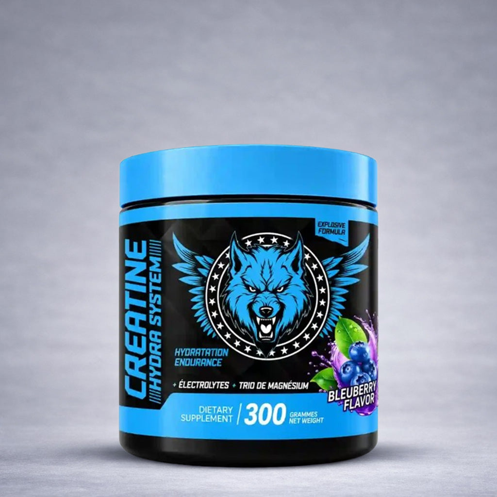 Pot bleu American Wolf Creatine Hydra 300 g, complément alimentaire à base de créatine, taurine et magnésium, saveur myrtille, hydratation et endurance Tunisie.
