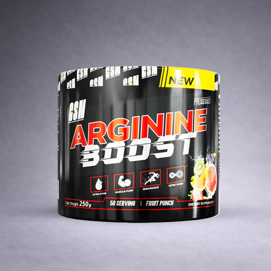 Pot Arginine Boost GSN 250 g posé sur fond neutre dégradé clair, visuel premium pour site e‑commerce musculation et endurance sportive