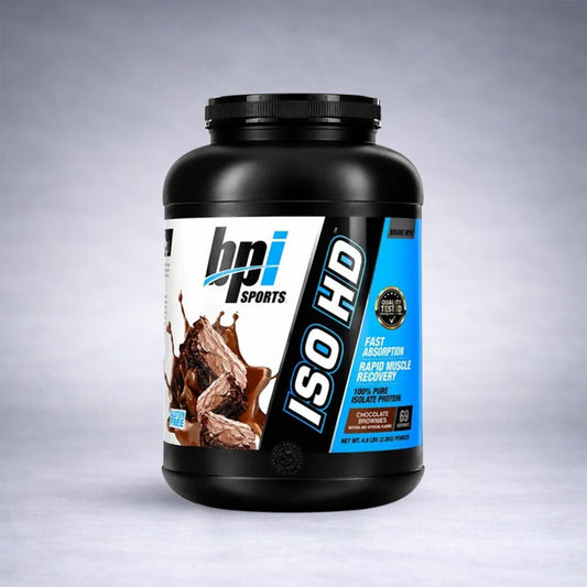 Pot noir BPI Sports ISO HD Whey Isolate 100% pure protéine chocolat, 25 g protéines par portion, zéro sucre, complément alimentaire musculation Tunisie.
