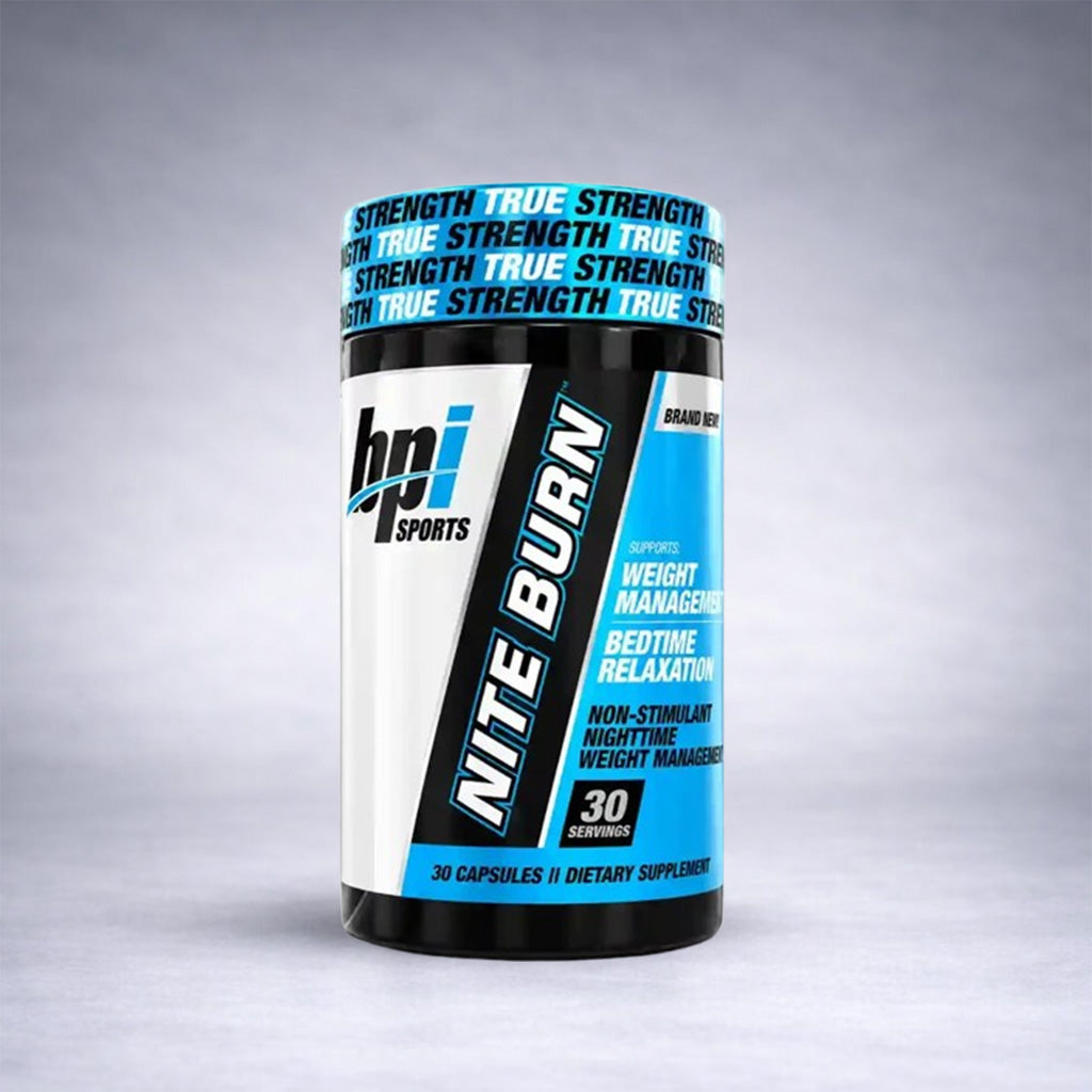 Flacon noir BPI Sports Nite Burn 30 capsules, complément alimentaire pour la nuit, formule à base de vitamine D3, mélatonine et extraits végétaux, gestion du poids nocturne Tunisie.
