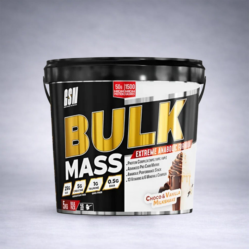 Flacon noir et blanc Bulk Mass Extreme Anabolic Formula ASM 5 lbs saveur Choco & Vanilla Milkshake, mass gainer haute calorie avec protéines, gluc