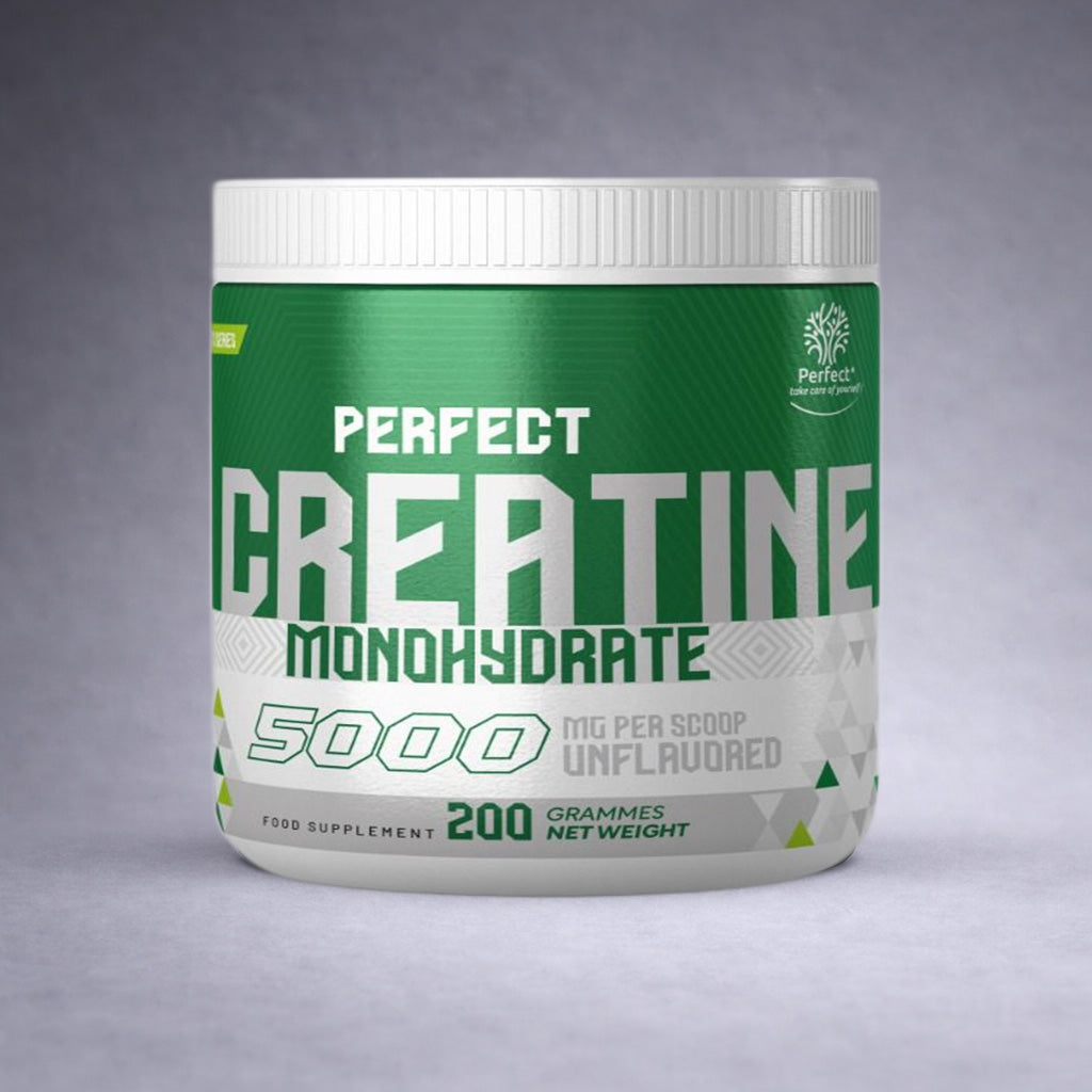 Pot blanc Perfect Nutrition Créatine Monohydrate 200 g posé sur fond neutre dégradé clair, visuel premium pour site e‑commerce musculation, performance et récupération.
