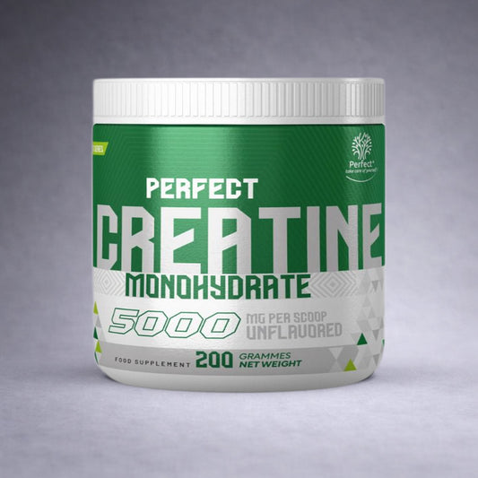 Pot blanc Perfect Nutrition Créatine Monohydrate 200 g posé sur fond neutre dégradé clair, visuel premium pour site e‑commerce musculation, performance et récupération.