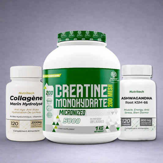 Pot blanc Perfect Nutrition Créatine Monohydrate 1 kg au centre, flacon Nutritech Collagène Marin à gauche et flacon Nutritech Ashwagandha KSM‑66 à droite sur fond neutre dégradé clair, visuel premium pour site e‑commerce beauté, énergie et performance