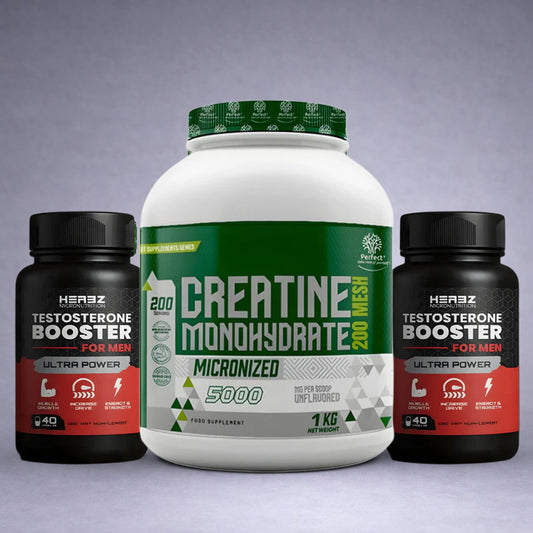 Pot blanc Perfect Nutrition Créatine Monohydrate 1 kg au centre, flacons noirs Herbz Testosterone Booster de chaque côté sur fond neutre dégradé clair, visuel premium pour site e‑commerce musculation, énergie et vitalité masculine.