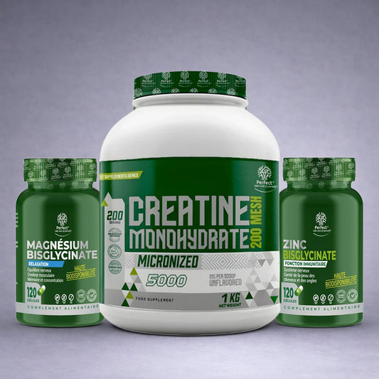 Pot blanc Perfect Nutrition Créatine Monohydrate 1 kg au centre, flacon vert Magnésium Bisglycinate à gauche et flacon vert Zinc Bisglycinate à droite sur fond neutre dégradé clair, visuel premium pour site e‑commerce musculation, énergie et immunité.
