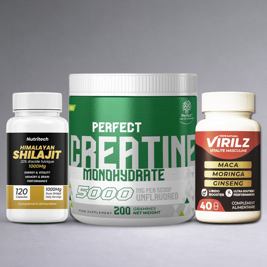 Flacon Nutritech Himalayan Shilajit noir et doré, pot Perfect Creatine Monohydrate vert et blanc, et flacon Virilz Vitalité Masculine blanc et rouge posés côte à côte sur fond neutre dégradé clair, visuel premium pour site e‑commerce musculation, énergie et performance masculine