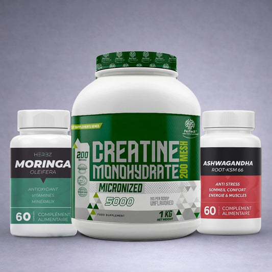 Pot blanc Perfect Nutrition Créatine Monohydrate 1 kg au centre, flacon Herbz Moringa Oleifera à gauche et flacon Ashwagandha KSM‑66 à droite sur fond neutre dégradé clair, visuel premium pour site e‑commerce musculation, énergie et bien‑être