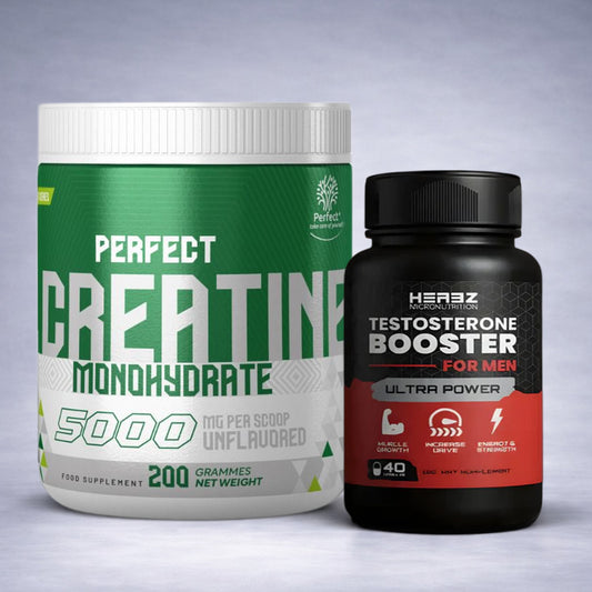 Pot blanc et vert Creatine Perfect 200 g et flacon noir Testo Booster Herbz 40 capsules posés côte à côte sur fond neutre dégradé clair, visuel premium pour site e‑commerce fitness.