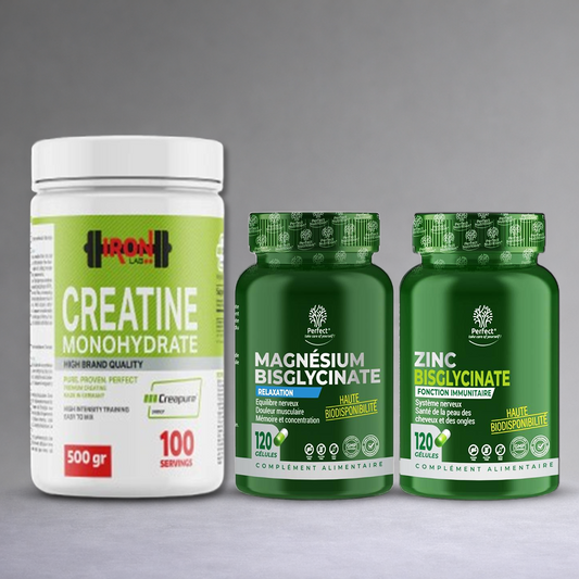 Pack Iron Lab Creapure 500 g + Zinc Bisglycinate + Magnésium – Complément musculation force énergie immunité