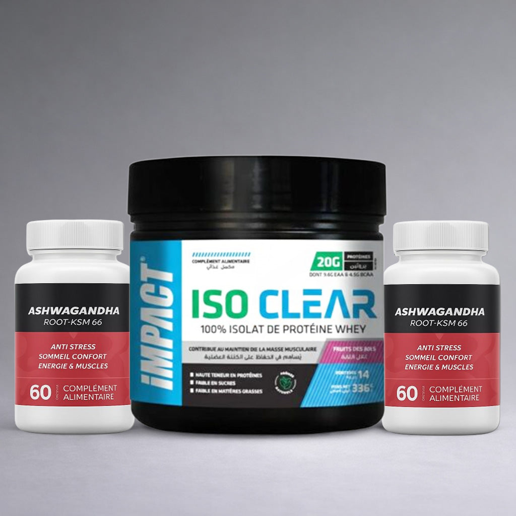 Pack Impact Iso Clear Whey Isolat Fruits des Bois + Ashwagandha KSM‑66 – complément nutrition sportive, énergie et anti‑stress