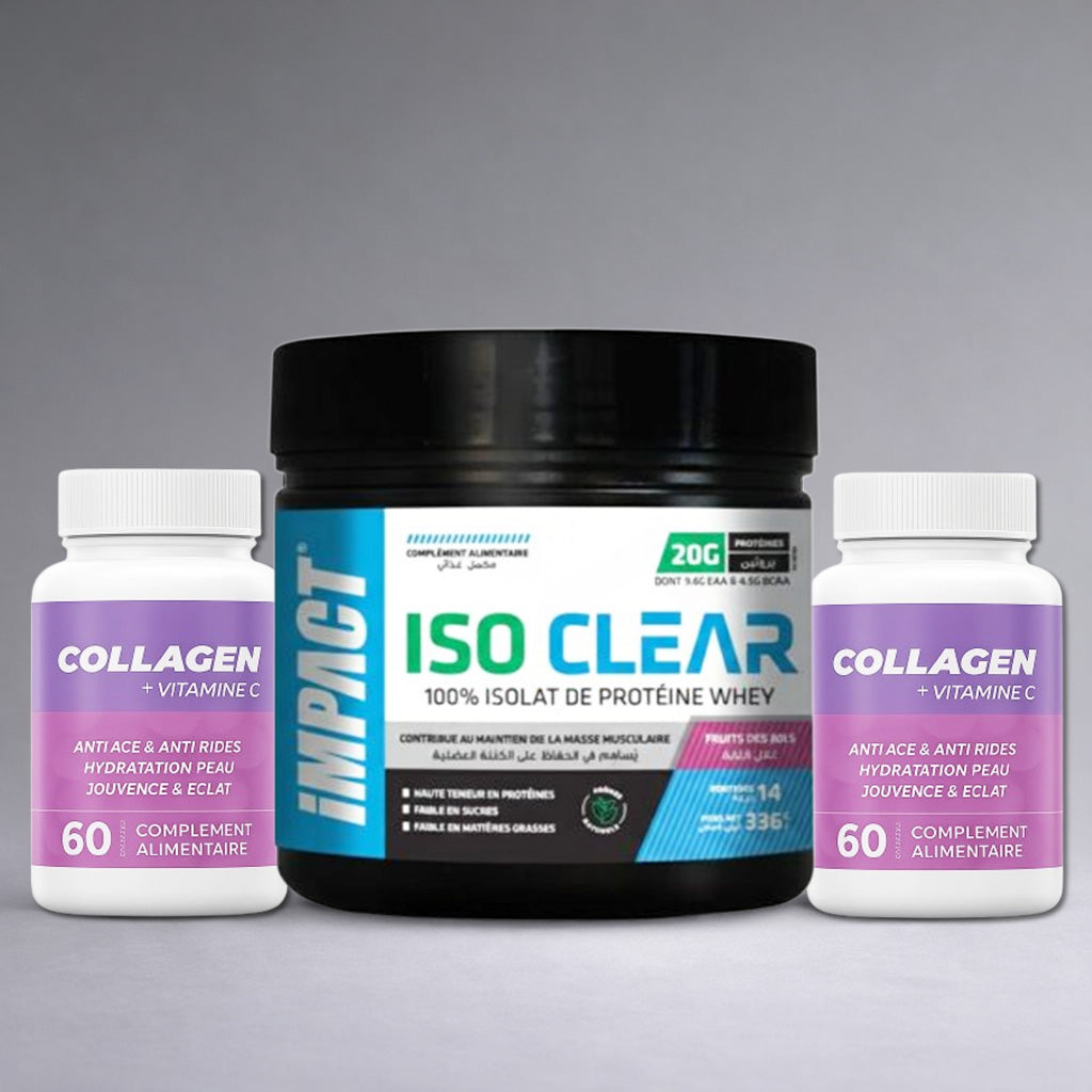 Pack Impact Iso Clear Whey Isolat Fruits des Bois + Collagène Marin Vitamine C HERBZ – complément nutrition sportive et beauté 