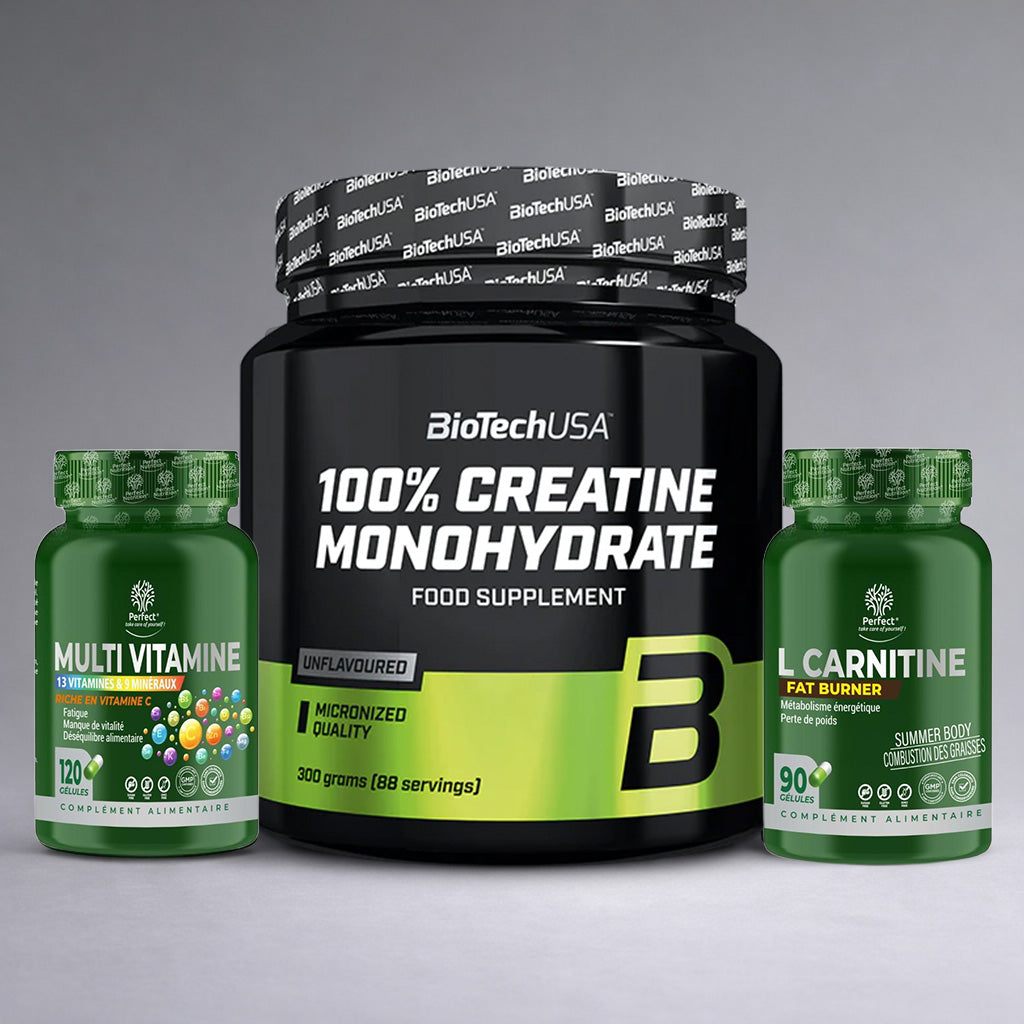 Pack de trois compléments BioTechUSA Créatine Monohydrate, Perfect Multi Vitamine et Perfect L Carnitine Fat Burner posés sur fond studio gris dégradé premium, visuel e‑commerce musculation, énergie et brûle‑graisse.
