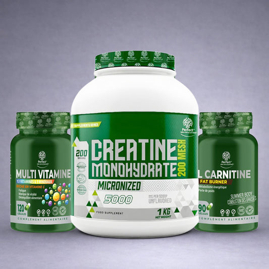 Pot blanc Perfect Nutrition Créatine Monohydrate 1 kg au centre, flacon vert Multi Vitamines à gauche et flacon vert L‑Carnitine Fat Burner à droite sur fond neutre dégradé clair, visuel premium pour site e‑commerce musculation, énergie et perte de poids