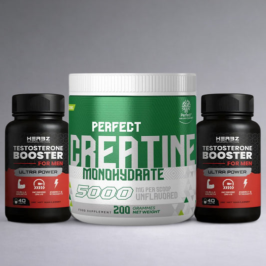 Pot blanc Perfect Creatine Monohydrate 200 g posé au centre avec deux flacons noirs et rouges Herbz Testosterone Booster Ultra Power de chaque côté sur fond neutre dégradé clair, visuel premium pour site e‑commerce musculation, force et vitalité masculine.