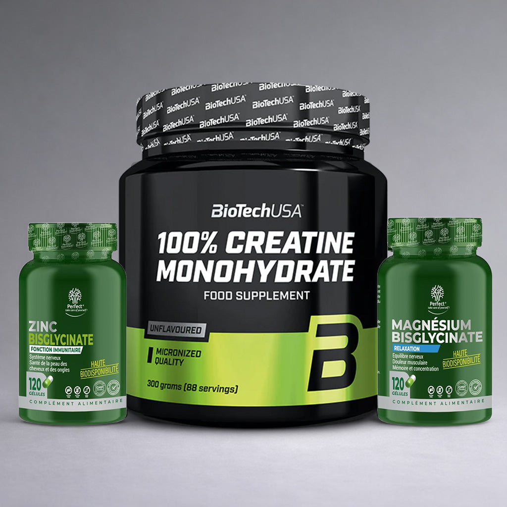 Pack de trois compléments BioTechUSA Créatine Monohydrate, Perfect Nutrition Zinc Bisglycinate et Magnésium Bisglycinate posés sur fond studio gris dégradé premium, visuel e‑commerce musculation, énergie et récupération.
