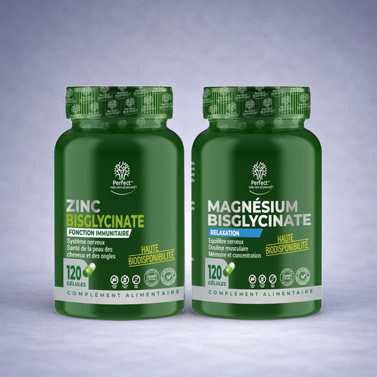 Deux flacons verts Perfect Nutrition — Magnésium Bisglycinate et Zinc Bisglycinate — posés côte à côte sur fond neutre dégradé clair, visuel premium pour site e‑commerce santé, énergie et immunité.