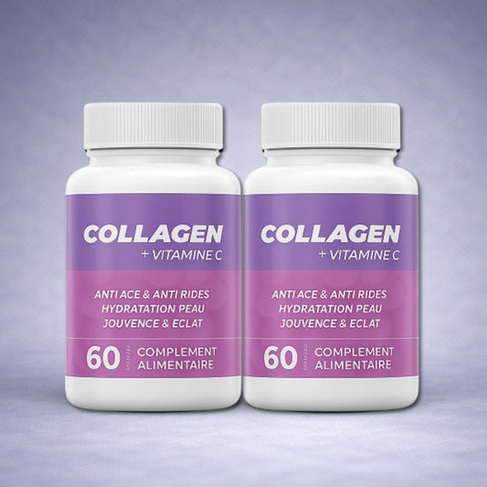 Deux flacons blancs Collagen + Vitamine C posés côte à côte sur fond neutre dégradé clair, visuel premium pour site e‑commerce beauté, anti‑âge et hydratation de la peau.