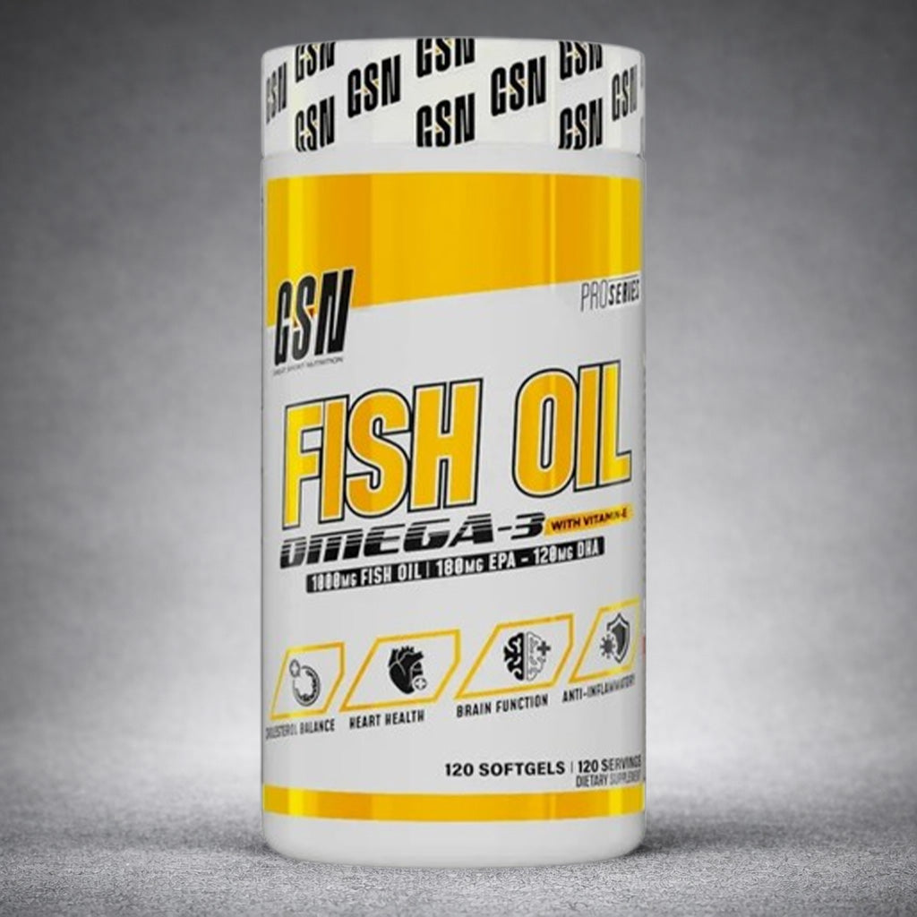 Flacon bleu GSN Fish Oil Omega-3 120 capsules molles, huile de poisson 1000 mg, EPA 180 mg, DHA 120 mg, vitamine E 10 mg, complément alimentaire fabriqué en Tunisie.
