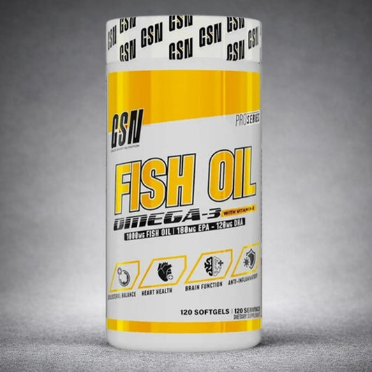 Flacon bleu GSN Fish Oil Omega-3 120 capsules molles, huile de poisson 1000 mg, EPA 180 mg, DHA 120 mg, vitamine E 10 mg, complément alimentaire fabriqué en Tunisie.
