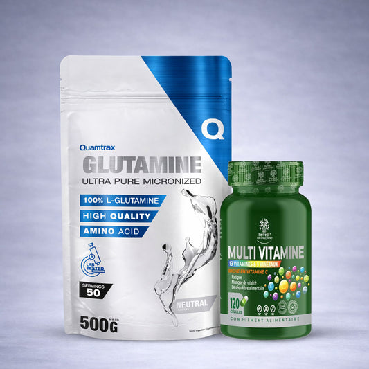 Flacon bleu Quamtrax Glutamine et flacon multivitamines Perfect posés côte à côte sur fond neutre dégradé clair, visuel premium pour site e‑commerce énergie et vitalité.