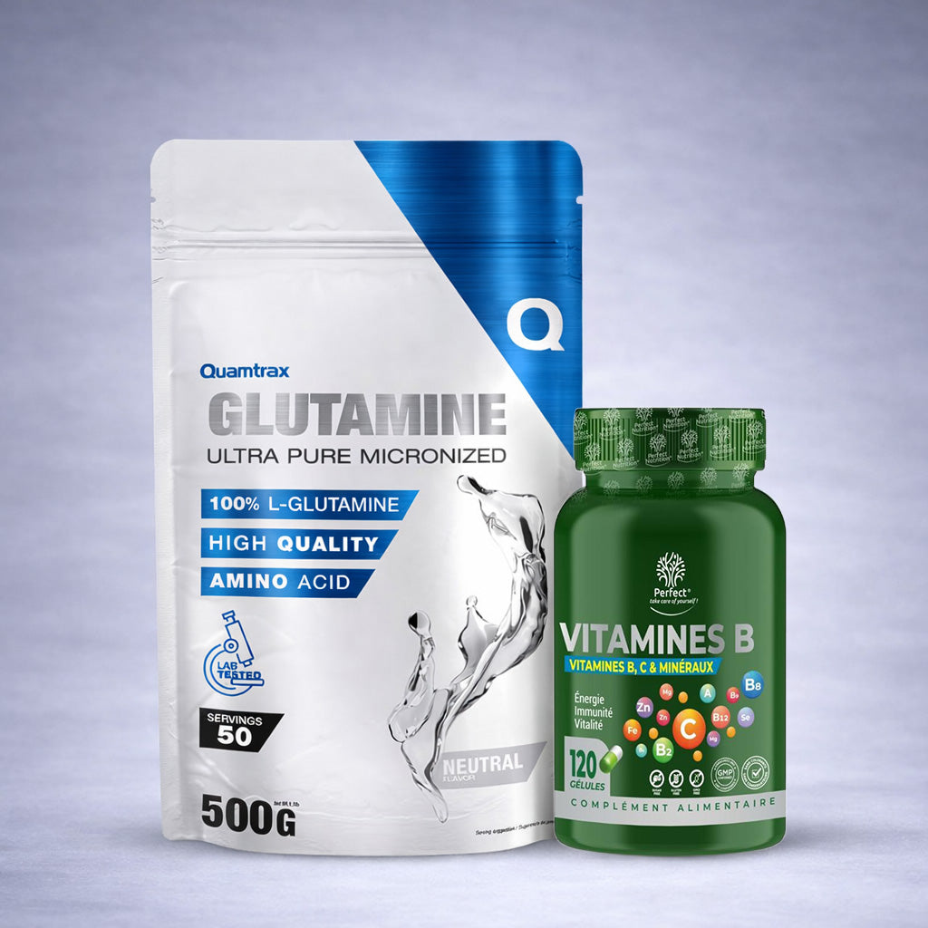 Flacon bleu Quamtrax Glutamine et flacon vert Vitamines B Perfect posés côte à côte sur fond neutre dégradé clair, visuel premium pour site e‑commerce énergie et récupération musculaire.