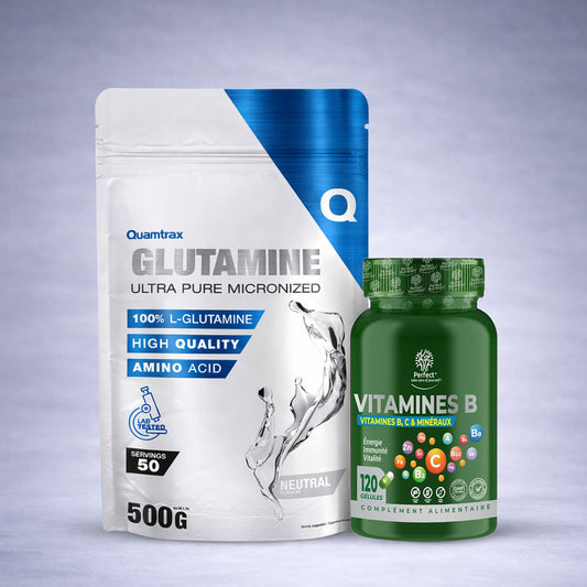 Flacon bleu Quamtrax Glutamine et flacon vert Vitamines B Perfect posés côte à côte sur fond neutre dégradé clair, visuel premium pour site e‑commerce énergie et récupération musculaire.