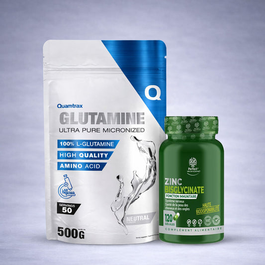 Flacon bleu Quamtrax Glutamine et flacon blanc Zinc Perfect posés côte à côte sur fond neutre dégradé clair, visuel premium pour site e‑commerce récupération musculaire et renfort immunitaire