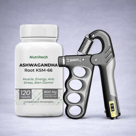 Flacon Nutritech Ashwagandha KSM‑66 blanc et Hand Grip Pro noir à ressort métallique posés sur fond neutre dégradé clair, visuel premium pour site e‑commerce fitness